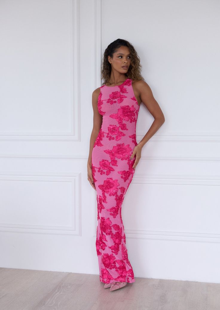 Rosé - Bloemen Appliqué Maxi Jurk